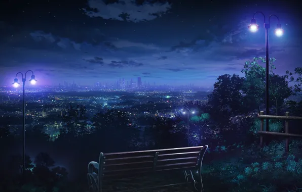 The sky, stars, clouds, bench, night, the city, lights, home