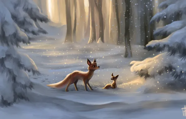 Picture snow, art, tree, Fox, Fox, painted landscape