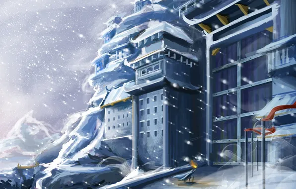 Winter, snow, mountains, castle, the building, gate, art, torch