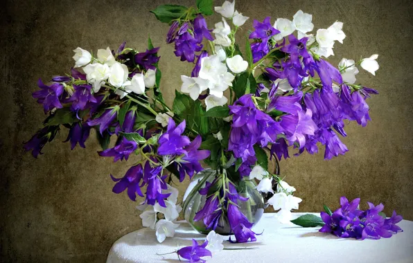 White, purple, bouquet, bells