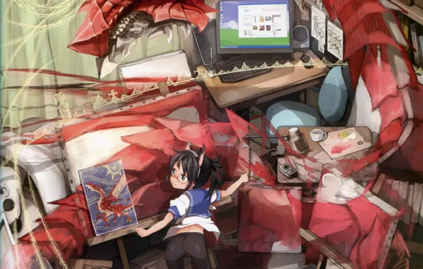 Computer, table, dragon, books, glasses, girl, album, palette