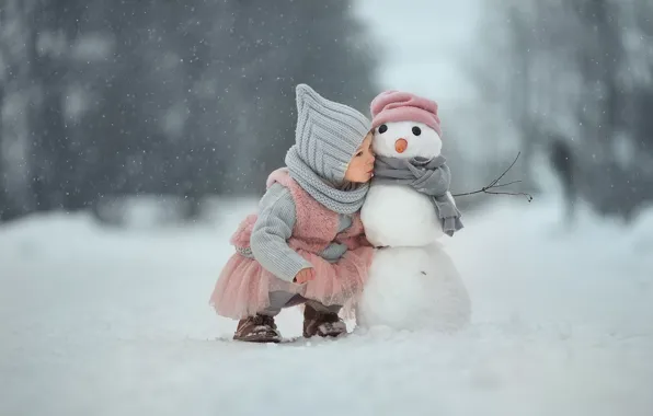 Winter, snow, girl, snowman, friends, secret