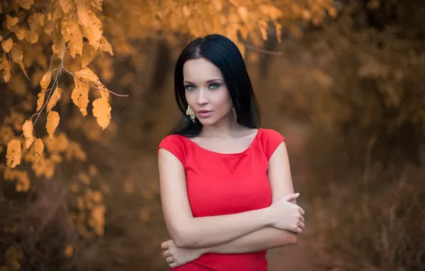 Picture autumn, look, leaves, girl, face, red, portrait, earrings