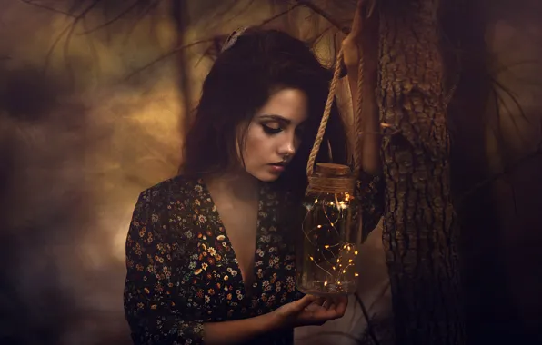 Picture girl, light, trees, branches, nature, face, eyelashes, the dark background