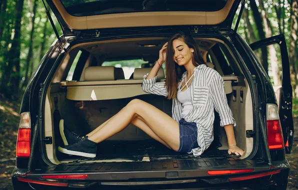 Car, girl, shorts, beautiful, cute, sneakers