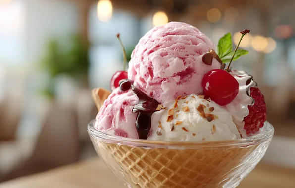 Balls, cherry, berries, table, white, pink, ice cream, bowl