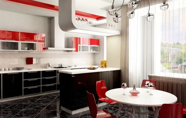 Picture design, style, table, red, chairs, glasses, window, kitchen