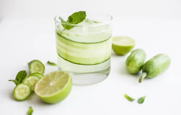 Glass, ice, lime, drink, mint, lemonade