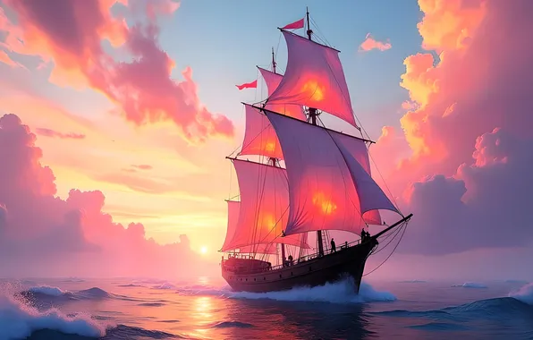 The sky, clouds, sunset, ship, sailboat, MPE