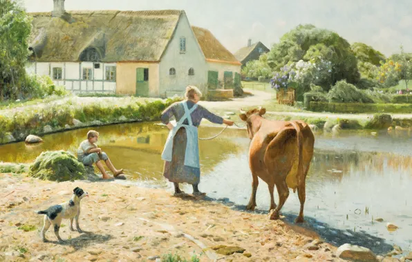 Danish painter, Peter Merk Of Menstad, Peder Mørk Mønsted, Danish realist painter, The cow refuses …