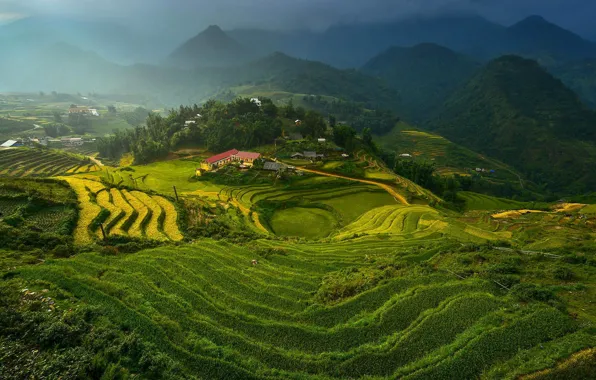 Clouds, mountains, figure, terrace, vietnam, rice terraces, Vietnam