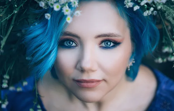 Picture look, girl, flowers, face, portrait, makeup, blue hair, Snezhana Kosovtsova
