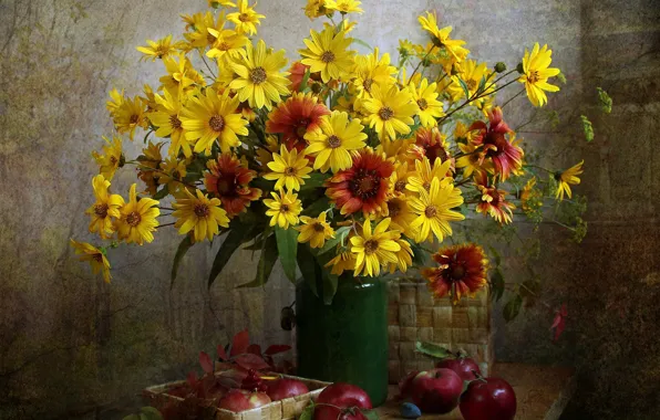 Picture flowers, yellow, red, still life, autumn, cans