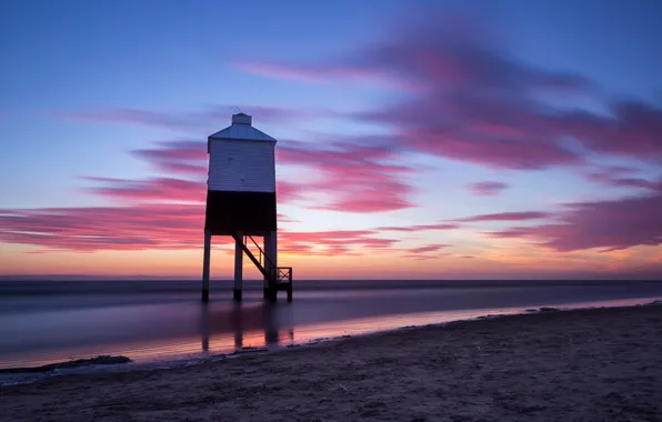 Sand, sea, the sky, clouds, sunset, shore, lighthouse, England
