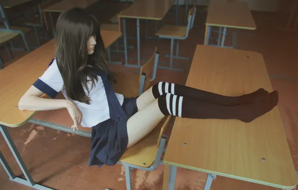 Picture long hair, legs, women, brunette, sitting, bangs, schoolgirl, legs up