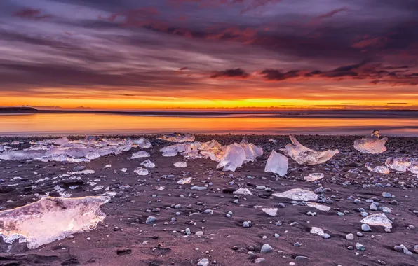 Ice, winter, sand, the sky, clouds, sunset, mountains, clouds
