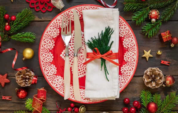Stars, balls, decoration, table, holiday, Board, fruit, plate