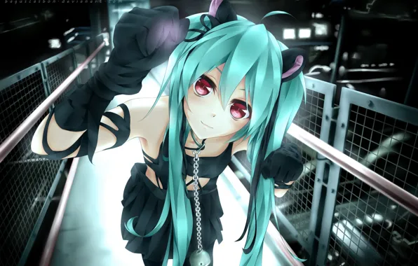 Picture girl, smile, the fence, anime, art, chain, collar, vocaloid