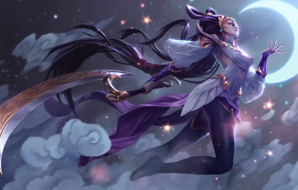 Girl, clouds, night, weapons, the moon, art, League of Legends, Diana