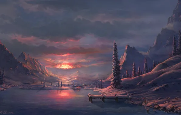 Winter, mountains, lake, dawn, art, Fel-X