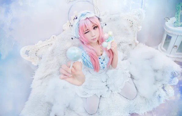 Girl, dress, candy, lollipops, fur, image, Asian, light background