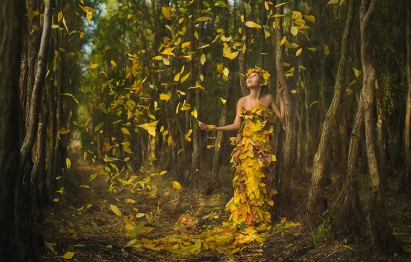 Autumn, leaves, joy, girl, Ivan Slavov