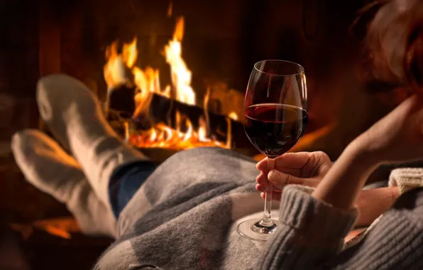 Girl, heat, wine, glass, fireplace, plaid, cozy, socks