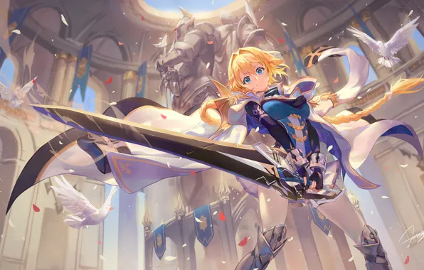 Girl, sword, pigeons, knight, statues