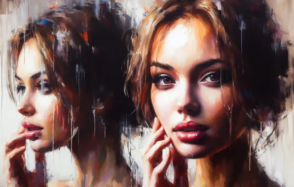 Look, girl, reflection, rain, paint, oil, hand, portrait