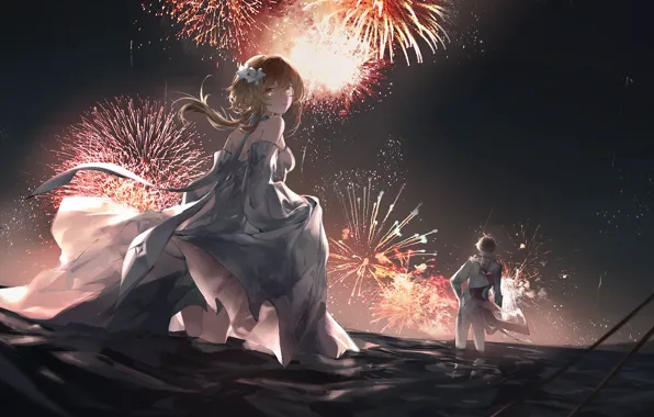 Sea, the sky, girl, night, guy, fireworks, torii, Genshin Impact