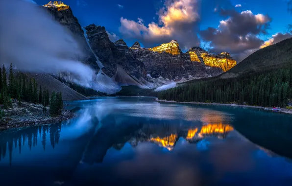 Clouds, mountains, lake, reflection, Canada, Albert, Banff National Park, Alberta