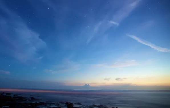 Sea, stars, clouds, apple, twilight, constellation, Orion, retina