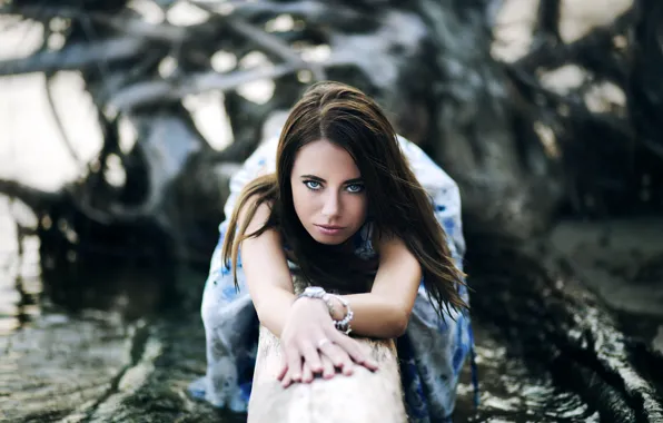 Picture look, water, girl, dress, brunette, log, Oleg Voloshin, Oleg Volosuhin