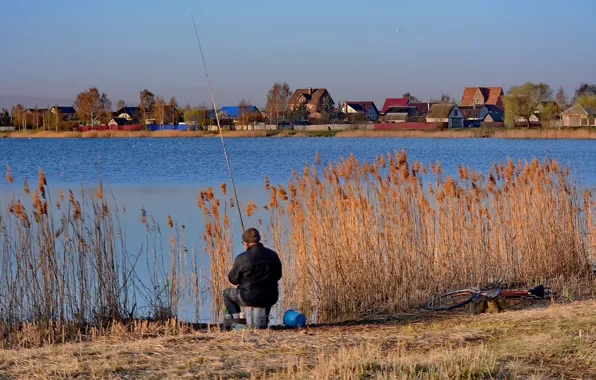 Lake, fisherman, morning, rod, fishing