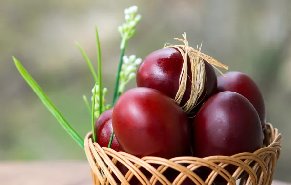 Flowers, background, holiday, eggs, spring, Easter, red, basket