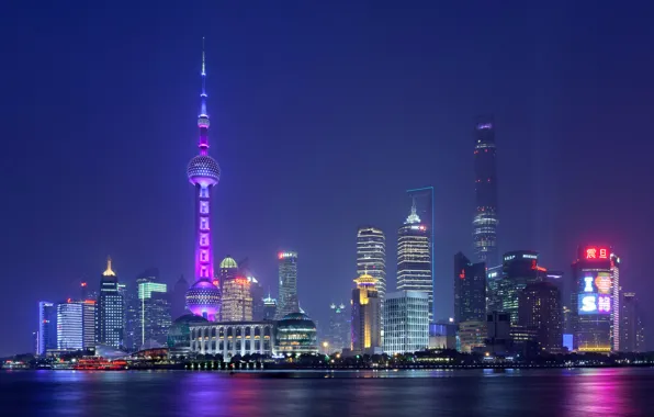 Night, lights, tower, home, China, Shanghai