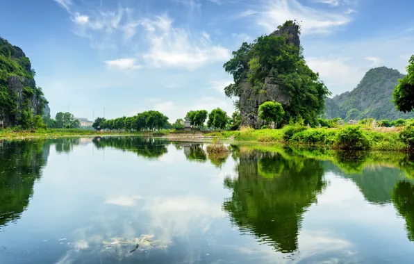 Greens, the sky, water, clouds, trees, mountains, reflection, river