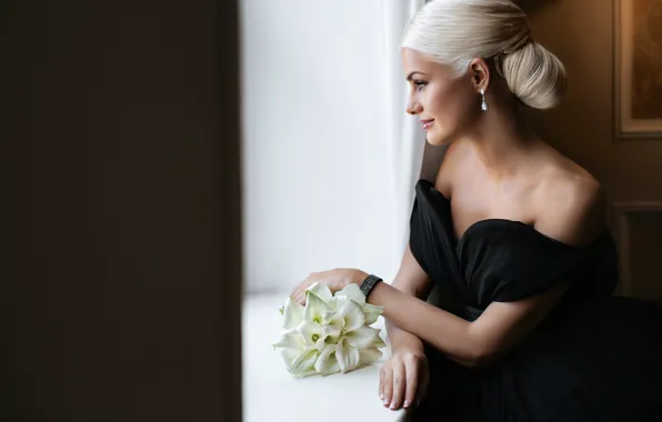 Picture girl, flowers, pose, earrings, dress, hairstyle, Alexander Aksenteva