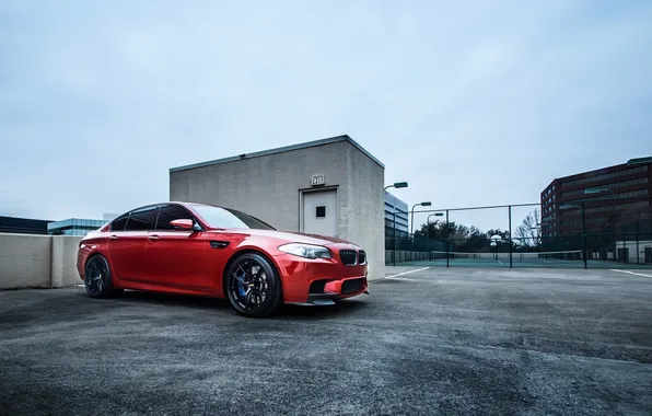 Picture the sky, clouds, orange, BMW, the fence, BMW, side view, f10