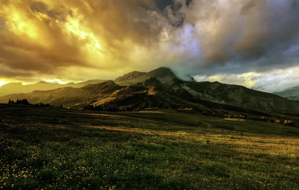 Picture field, mountains, clouds, France, Alps, Alpes, Provence