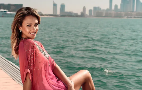 Picture water, girl, smile, river, model, actress, jessica alba