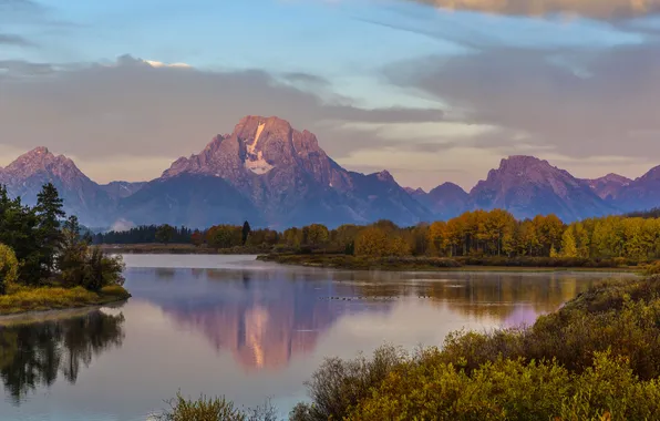 Picture autumn, forest, mountains, lake, the evening, USA, Wyoming, Grand Teton National Park