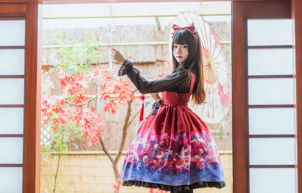 Pose, model, Sakura, dress, the door, screen, Asian, beauty