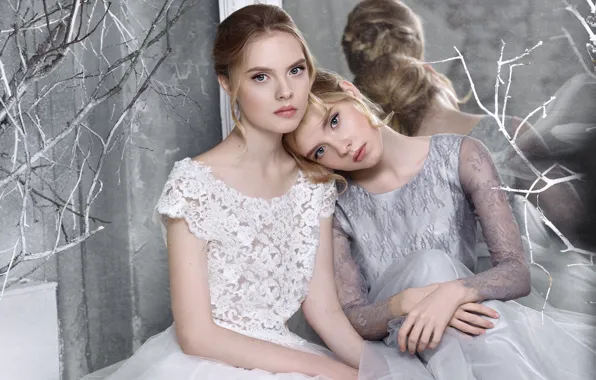 Branches, reflection, girls, mirror, blonde, grey background, sisters, beauty