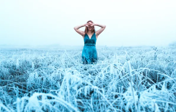 Cold, frost, grass, girl, dress, Lizzy Gadd, The Winsome Winter