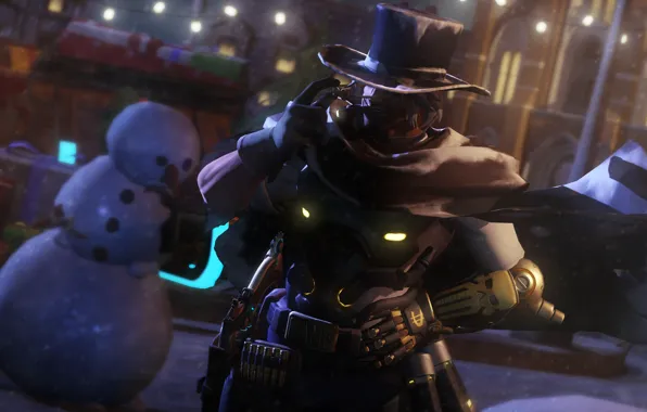 Winter, night, new year, hat, glasses, cigar, snowman, cowboy
