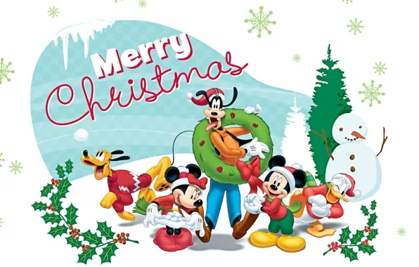 Picture tree, gifts, Mickey Mouse, Mickey Mouse, Mery Christmas, Pluto, Minnie, Donald