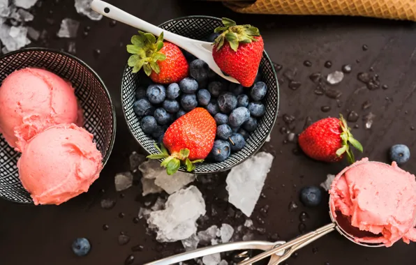 Picture berries, strawberry, ice cream, dessert, blueberries