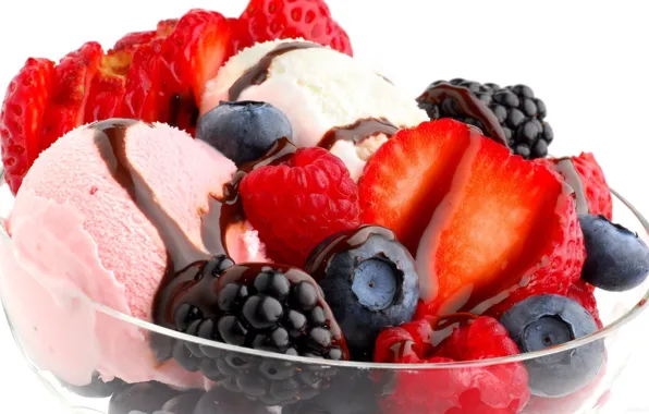 Picture raspberry, blueberries, strawberry, ice cream