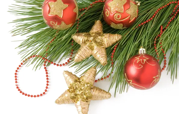 Stars, balls, balls, toys, tree, branch, New Year, Christmas